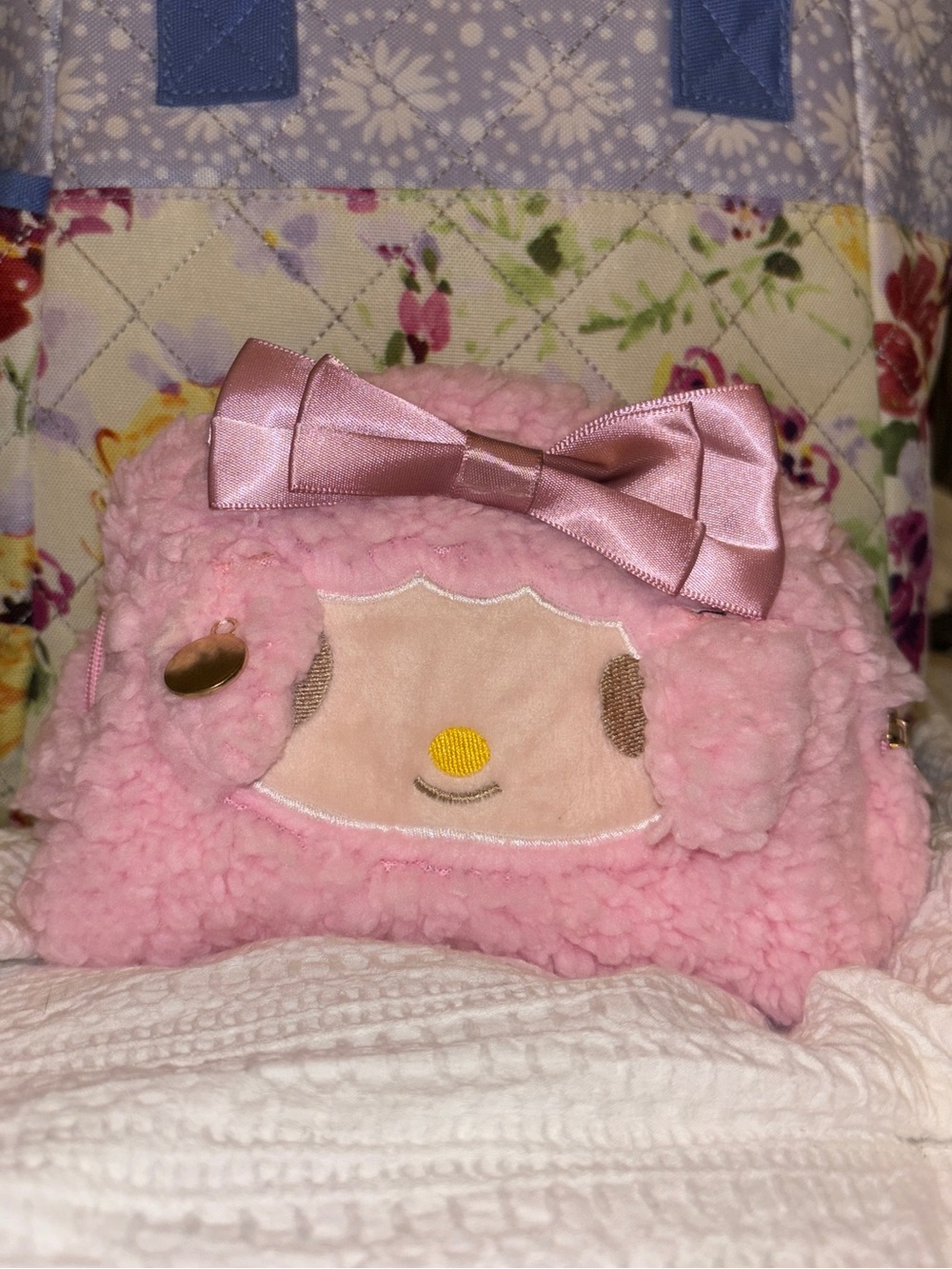 Sanrio Pink Sherpa Pencil Bag Makeup Bag with pink sanrio interior kawaii